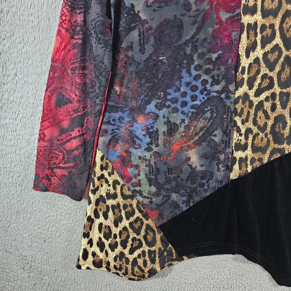 Caleesa Womens Mixed Media Patchwork Tunic Top Leopard Burnout Velvet Red Size M - Picture 2 of 9